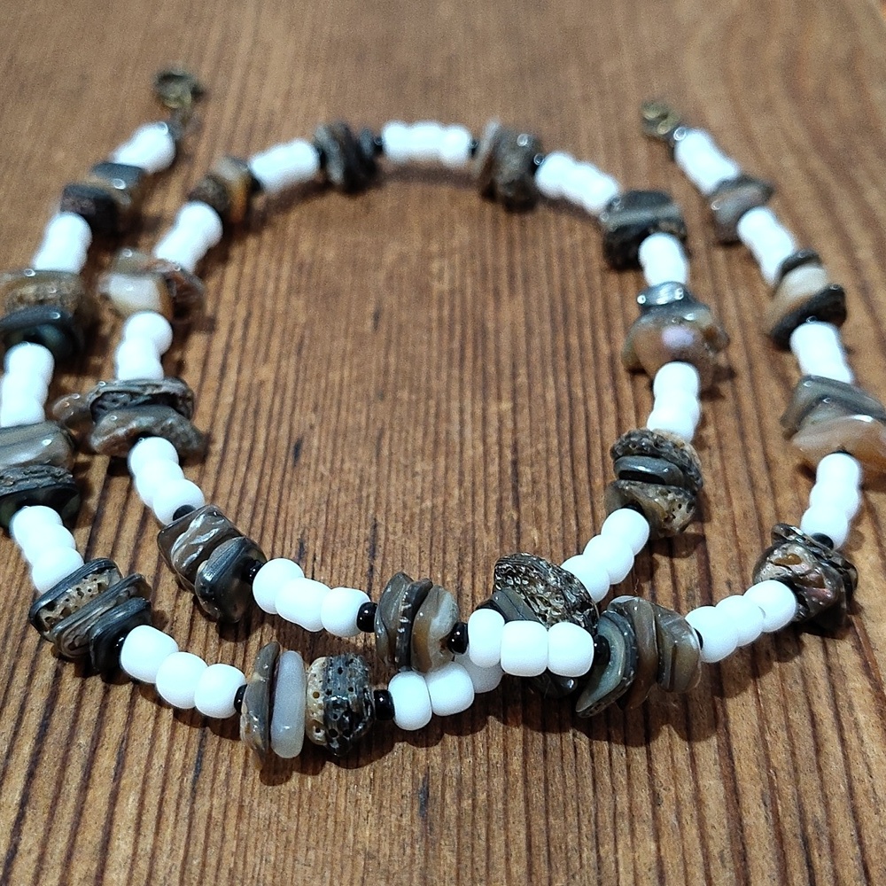 Men's Necklace, 18 Inches Long, White Beads and Shell/Handmade Men's Necklace